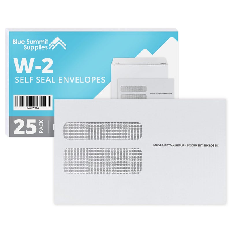 Blue Summit Supplies Blue Summit 25 W2 Envelopes 2025 Self Seal, W-2 Double Window Security Envelopes for 2 UP IRS Tax Forms from QuickBooks Online, Desktop, ADP and Other Software, 5 5/8â€™â€™ x 9â€™â€™, 25 Form Envelopes - Image 1